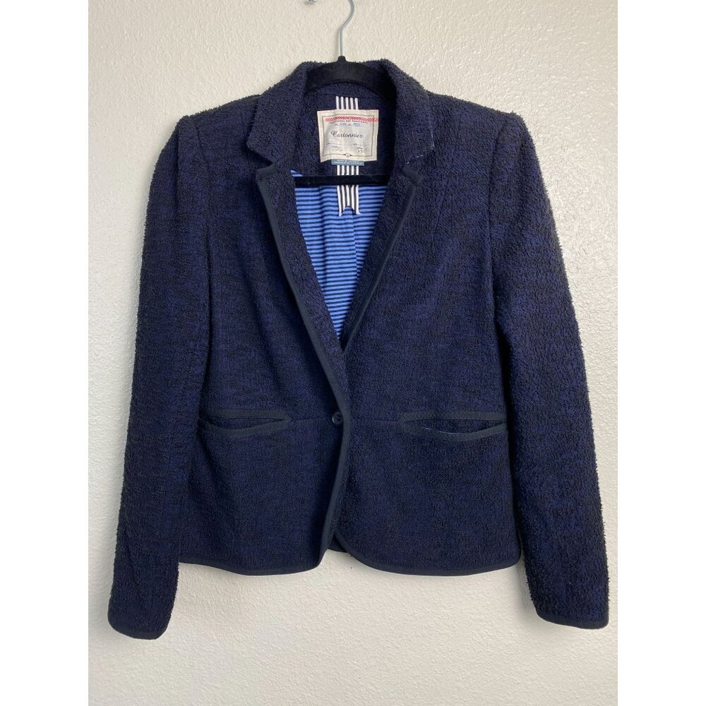 Cartonnier Anthropologie Women size 4 Navy Blue Textured Tweed Blazer Jacket